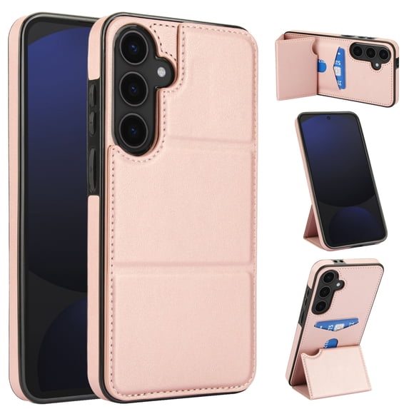 Back Case for Samsung Galaxy S24 FE, Card Slots Kickstand PU Leather Magnetic Button Shockproof Protective Stylish Ultra Slim Phone Case Cover Compatible with Samsung Galaxy S24 FE, Rosegold
