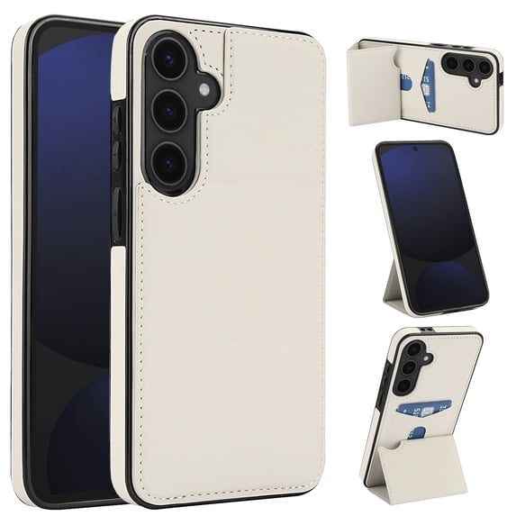 Back Case for Samsung Galaxy S24 FE, Card Slots Kickstand PU Leather Magnetic Button Shockproof Protective Stylish Ultra Slim Phone Case Cover Compatible with Samsung Galaxy S24 FE, Beige