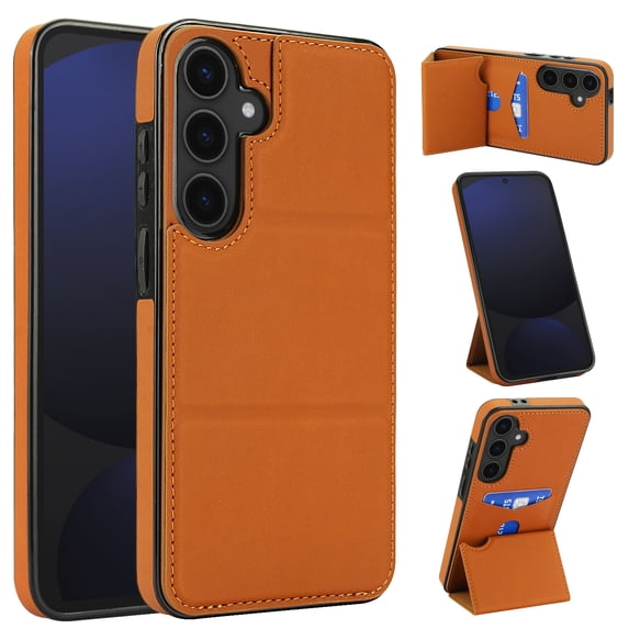 Back Case for Samsung Galaxy S24 FE, Card Slots Kickstand PU Leather Magnetic Button Shockproof Protective Stylish Ultra Slim Phone Case Cover Compatible with Samsung Galaxy S24 FE, Brown