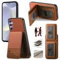 thumbnail image 1 of Back Case for Samsung Galaxy S24 FE, Fabric + PU Leather + TPU Material, Kickstand RFID Blocking Magnetic Card Slots for Men Women Shockproof Protective Durable Classic Phone Cover, Brown, 1 of 9