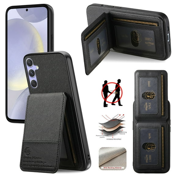 Back Case for Samsung Galaxy S24 FE, Fabric + PU Leather + TPU Material, Kickstand RFID Blocking Magnetic Card Slots for Men Women Shockproof Protective Durable Classic Phone Cover, Black