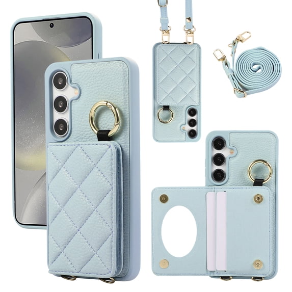 Back Case for Samsung Galaxy S24, Stylish Slim Fit Card Holder Kickstand Finger Ring Crossbody Strap, PU Leather + TPU Durable Shockproof Protective Phone Case Cover for Women Girls - Blue