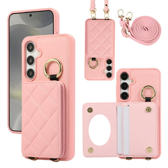 Back Case for Samsung Galaxy S24, Stylish Slim Fit Card Holder Kickstand Finger Ring Crossbody Strap, PU Leather + TPU Durable Shockproof Protective Phone Case Cover for Women Girls - Pink