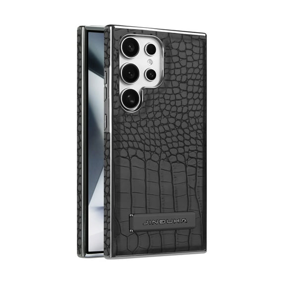 Back Case for Samsung Galaxy S24 Ultra, Crocodile Texture PU Leather + Plating Frame, Hidden Adjustable Kickstand, Support Magnetic Car Mount, Drop Protective Phone Cover for S24 Ultra, Black