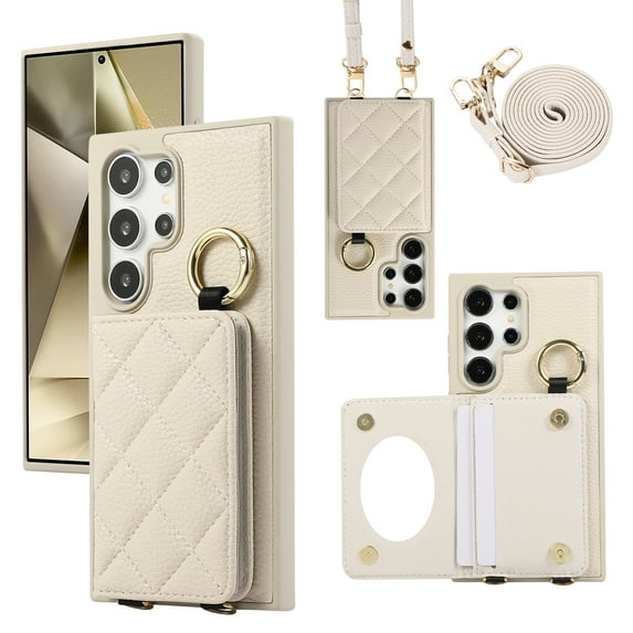 Back Case for Samsung Galaxy S24 Ultra, Stylish Slim Fit Card Holder Kickstand Finger Ring Crossbody Strap, PU Leather + TPU Durable Shockproof Protective Phone Case Cover for Women Girls - White