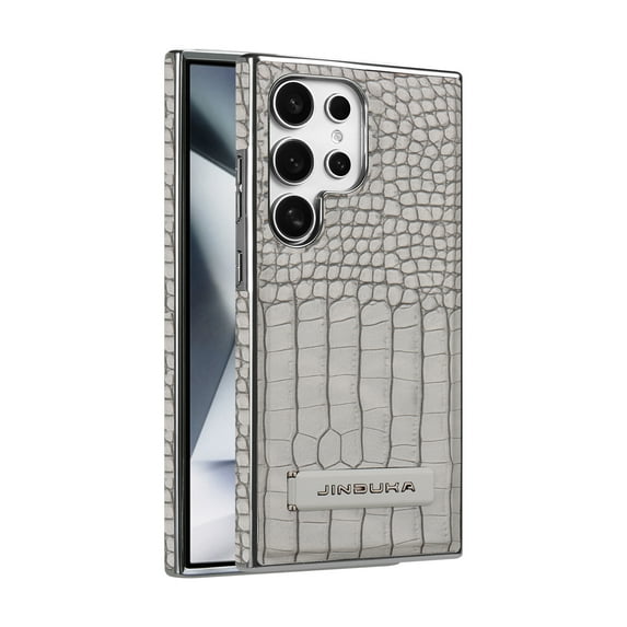 Back Case for Samsung Galaxy S25 Plus, Crocodile Texture PU Leather + Plating Frame, Hidden Adjustable Kickstand, Support Magnetic Car Mount, Drop Protective Phone Cover for S25 Plus, Gray