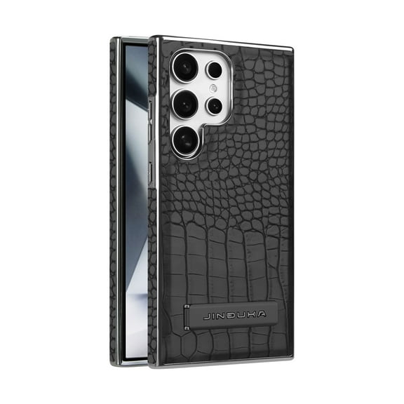 Back Case for Samsung Galaxy S25 Plus, Crocodile Texture PU Leather + Plating Frame, Hidden Adjustable Kickstand, Support Magnetic Car Mount, Drop Protective Phone Cover for S25 Plus, Black