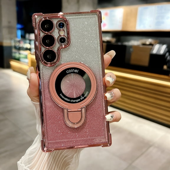 Back Case for Samsung Galaxy S25 Plus with MagSafe Bracket & Camera Lens Protector & Glitter Card & Clear Back, Plating Stylish Anti-Scratch Phone Cover for Samsung Galaxy S25 Plus, Pink