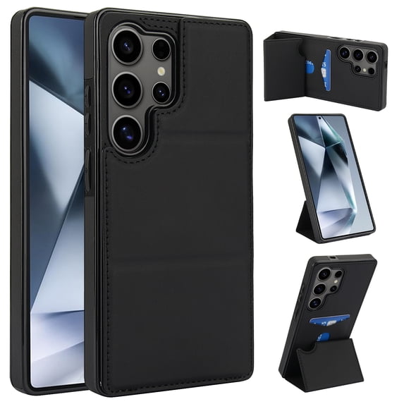 Back Case for Samsung Galaxy S25 Ultra, Card Slots Kickstand PU Leather Magnetic Button Shockproof Protective Stylish Ultra Slim Phone Case Cover Compatible with Samsung Galaxy S25 Ultra, Black