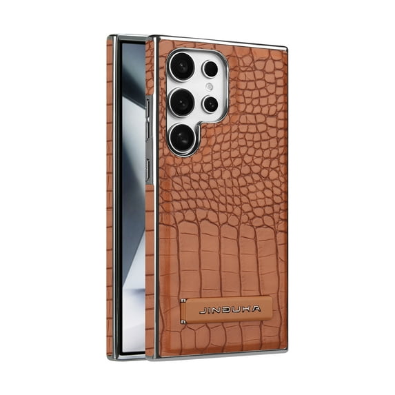 Back Case for Samsung Galaxy S25 Ultra, Crocodile Texture PU Leather + Plating Frame, Hidden Adjustable Kickstand, Support Magnetic Car Mount, Drop Protective Phone Cover for S25 Ultra, Brown