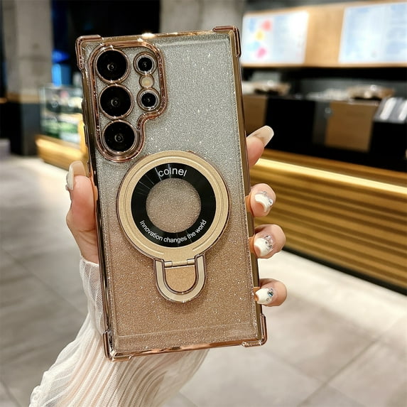 Back Case for Samsung Galaxy S25 Ultra with MagSafe Bracket & Camera Lens Protector & Glitter Card & Clear Back, Plating Stylish Anti-Scratch Phone Cover for Samsung Galaxy S25 Ultra, Gold