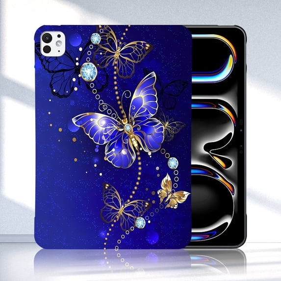 Back Case for iPad Pro 11" 2024 M4 5th Geneartion, Soft TPU Material, Luxury Pattern Ultra Slim Lightweight Heat Dissipation Drop Protective Tablet Case with Stylus Holder - Blue Butterfly