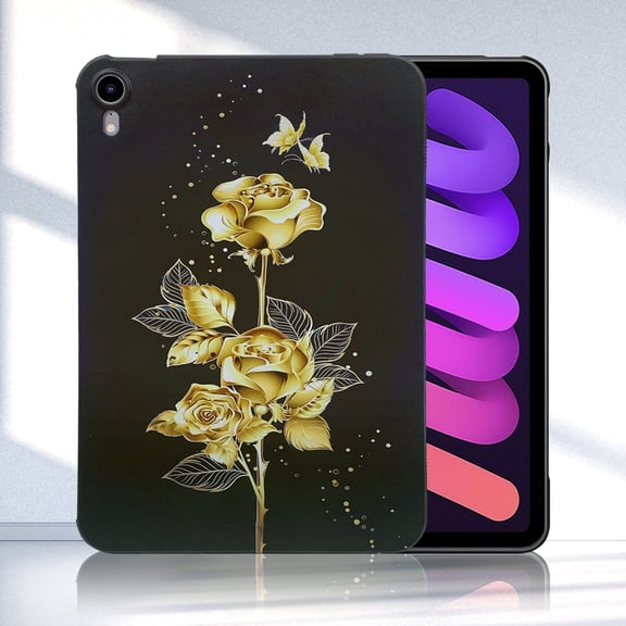 Back Case for iPad mini 7 2024/ mini 6 2021, Soft TPU Material, Luxury Pattern Ultra Slim Lightweight Heat Dissipation Drop Protective Tablet Case with Stylus Holder - Gold Butterfly Rose