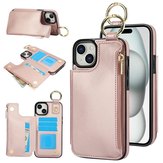 Back Case for iPhone 11, Finger Ring Kickstand PU Leather Card Slots Magnetic Buckle Shockproof Drop Protective RFID Blocking Zipper Pocket Wallet Case for iPhone 11,Rosegold