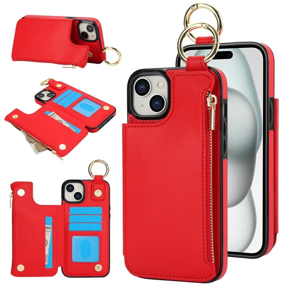 Back Case for iPhone 11, Finger Ring Kickstand PU Leather Card Slots Magnetic Buckle Shockproof Drop Protective RFID Blocking Zipper Pocket Wallet Case for iPhone 11,Red