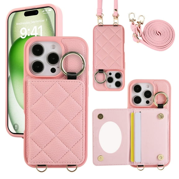 Back Case for iPhone 12 Pro Max, Stylish Slim Fit Card Holder Kickstand Finger Ring Crossbody Strap, PU Leather + TPU Durable Shockproof Protective Phone Case Cover for Women Girls - Pink