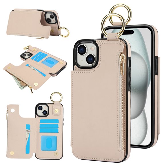 Back Case for iPhone 13, Finger Ring Kickstand PU Leather Card Slots Magnetic Buckle Shockproof Drop Protective RFID Blocking Zipper Pocket Wallet Case for iPhone 13,White