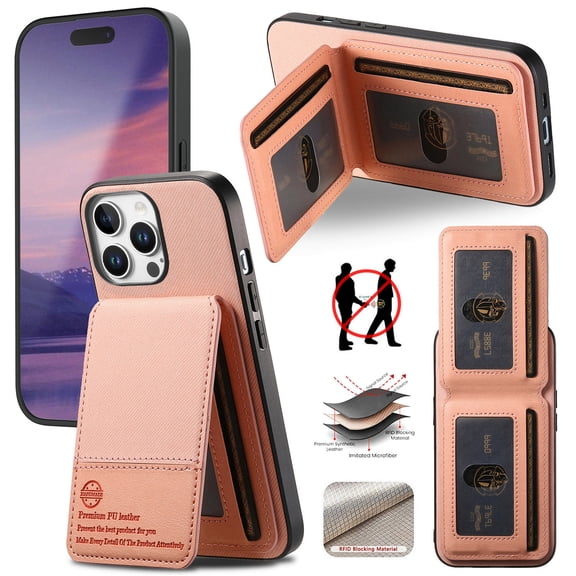 Back Case for iPhone 14 Pro, Fabric + PU Leather + TPU Material, Kickstand RFID Blocking Magnetic Card Slots for Men Women Shockproof Protective Durable Classic Phone Cover, Pink