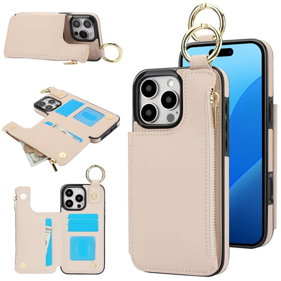Back Case for iPhone 14 Pro, Finger Ring Kickstand PU Leather Card Slots Magnetic Buckle Shockproof Drop Protective RFID Blocking Zipper Pocket Wallet Case for iPhone 14 Pro,White