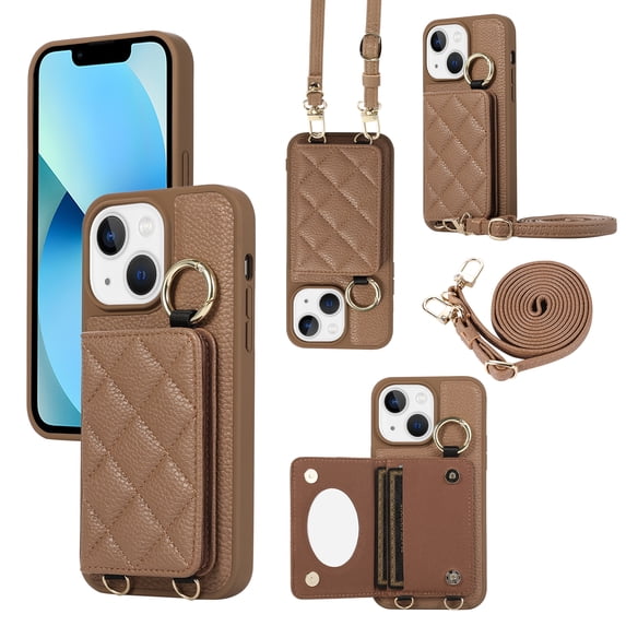 Back Case for iPhone 15, Stylish Slim Fit Card Holder Kickstand Finger Ring Crossbody Strap, PU Leather + TPU Durable Shockproof Protective Phone Case Cover for Women Girls - Brown