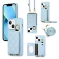 thumbnail image 1 of Back Case for iPhone 15, Stylish Slim Fit Card Holder Kickstand Finger Ring Crossbody Strap, PU Leather + TPU Durable Shockproof Protective Phone Case Cover for Women Girls - Blue, 1 of 6