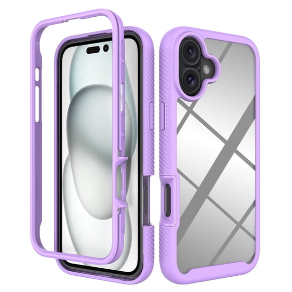 Back Case for iPhone 16, Luxury TPU Front Frame PC Clear Back Full Body Shockproof Hybrid 2 In 1 Anti-Scratch Anti-Slip Protective Phone Cover Case for iPhone 16, Purple