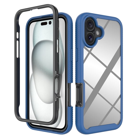 Back Case for iPhone 16, Luxury TPU Front Frame PC Clear Back Full Body Shockproof Hybrid 2 In 1 Anti-Scratch Anti-Slip Protective Phone Cover Case for iPhone 16, Darkblue