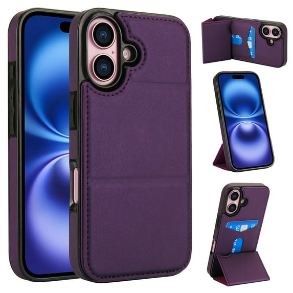 Back Case for iPhone 16 Plus, Card Slots Kickstand PU Leather Magnetic Button Shockproof Protective Stylish Ultra Slim Phone Case Cover Compatible with iPhone 16 Plus, Darkpurple
