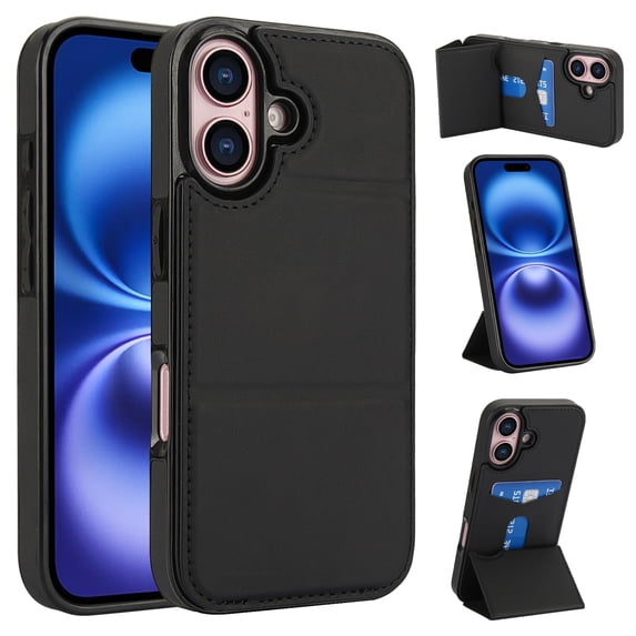 Back Case for iPhone 16 Plus, Card Slots Kickstand PU Leather Magnetic Button Shockproof Protective Stylish Ultra Slim Phone Case Cover Compatible with iPhone 16 Plus, Black