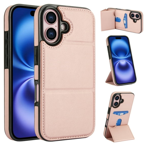 Back Case for iPhone 16 Plus, Card Slots Kickstand PU Leather Magnetic Button Shockproof Protective Stylish Ultra Slim Phone Case Cover Compatible with iPhone 16 Plus, Rosegold
