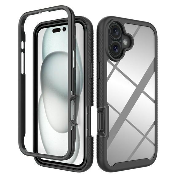 Back Case for iPhone 16 Plus, Luxury TPU Front Frame PC Clear Back Full Body Shockproof Hybrid 2 In 1 Anti-Scratch Anti-Slip Protective Phone Cover Case for iPhone 16 Plus, Black