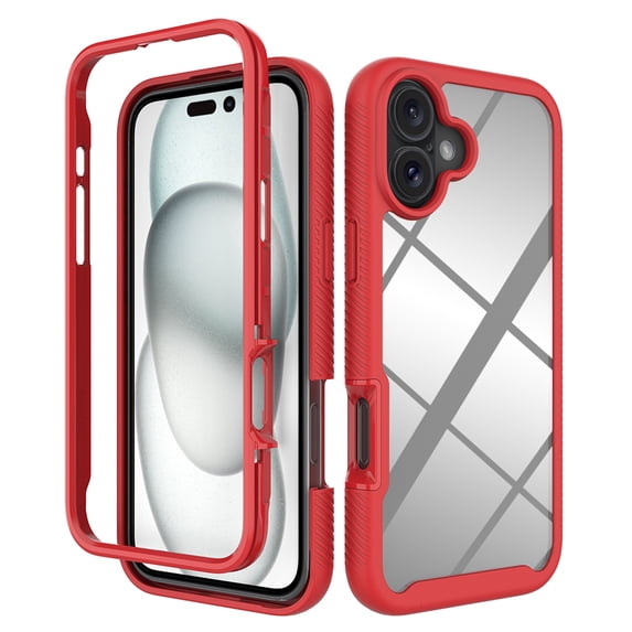 Back Case for iPhone 16 Plus, Luxury TPU Front Frame PC Clear Back Full Body Shockproof Hybrid 2 In 1 Anti-Scratch Anti-Slip Protective Phone Cover Case for iPhone 16 Plus, Red