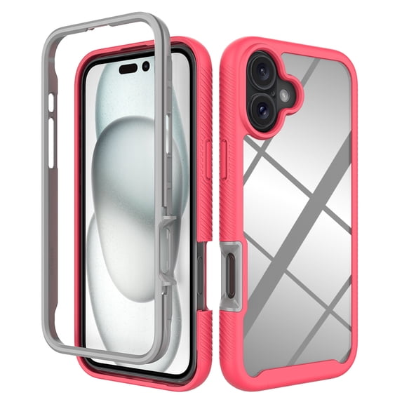 Back Case for iPhone 16 Plus, Luxury TPU Front Frame PC Clear Back Full Body Shockproof Hybrid 2 In 1 Anti-Scratch Anti-Slip Protective Phone Cover Case for iPhone 16 Plus, Pink