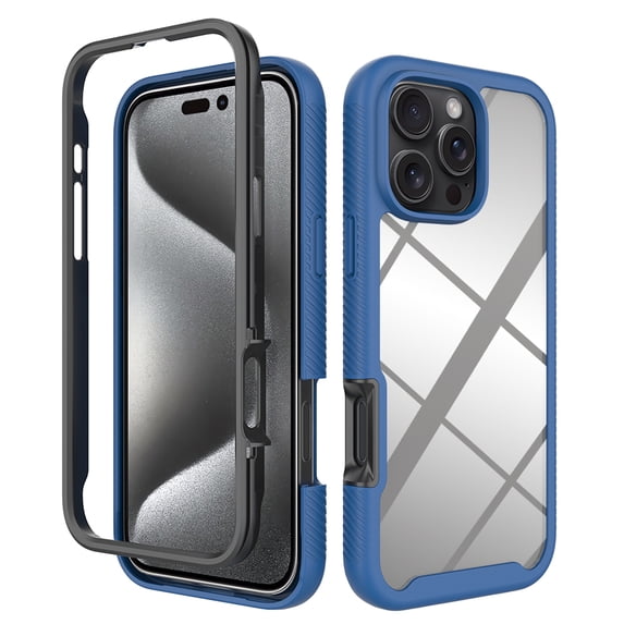 Back Case for iPhone 16 Pro, Luxury TPU Front Frame PC Clear Back Full Body Shockproof Hybrid 2 In 1 Anti-Scratch Anti-Slip Protective Phone Cover Case for iPhone 16 Pro, Darkblue