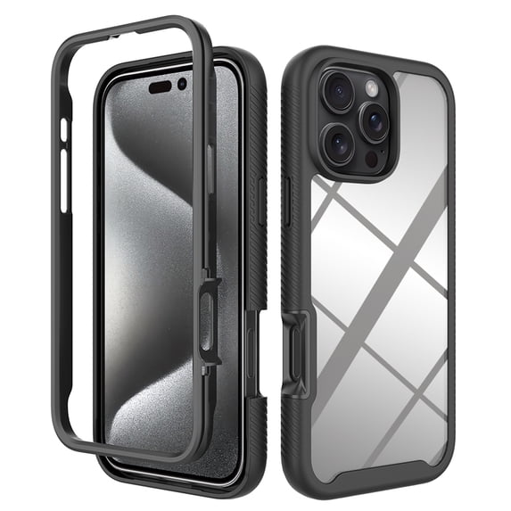 Back Case for iPhone 16 Pro, Luxury TPU Front Frame PC Clear Back Full Body Shockproof Hybrid 2 In 1 Anti-Scratch Anti-Slip Protective Phone Cover Case for iPhone 16 Pro, Black