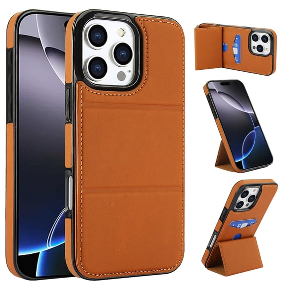 Back Case for iPhone 16 Pro Max, Card Slots Kickstand PU Leather Magnetic Button Shockproof Protective Stylish Ultra Slim Phone Case Cover Compatible with iPhone 16 Pro Max, Brown
