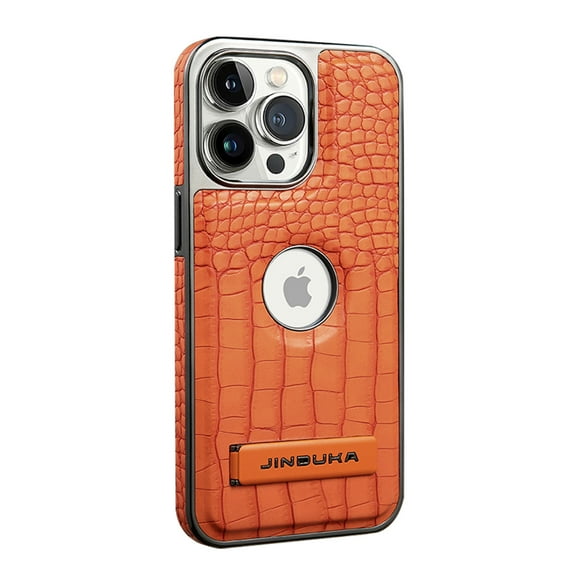 Back Case for iPhone 16 Pro Max, Crocodile Texture PU Leather + Plating Frame, Hidden Adjustable Kickstand, Support Magnetic Car Mount, Drop Protective Phone Cover for iPhone 16 Pro Max, Brown