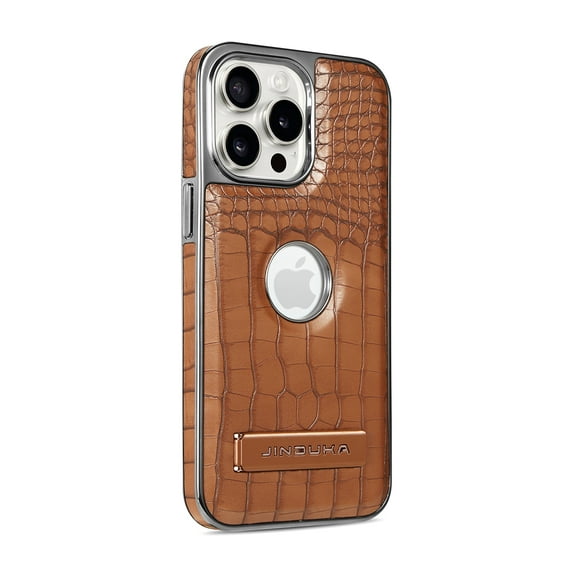 Back Case for iPhone 16 Pro Max, Crocodile Texture PU Leather + Plating Frame, Hidden Adjustable Kickstand, Support Magnetic Car Mount, Drop Protective Phone Cover for iPhone 16 Pro Max, Coffee