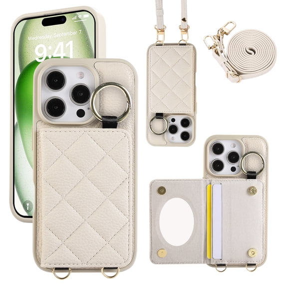 Back Case for iPhone 16 Pro, Stylish Slim Fit Card Holder Kickstand Finger Ring Crossbody Strap, PU Leather + TPU Durable Shockproof Protective Phone Case Cover for Women Girls - White