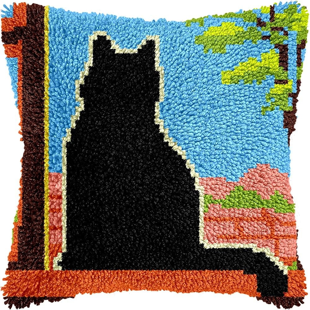 Back of Cat Latch Hook Pillow Cover Kits for DIY Handmade Throw Pillow Cross Stitch Latch Hooking Pillowcase Kits with Preprinted Color Pattern Canvas Crochet Yarn Kits 17''X 17''(7-162)
