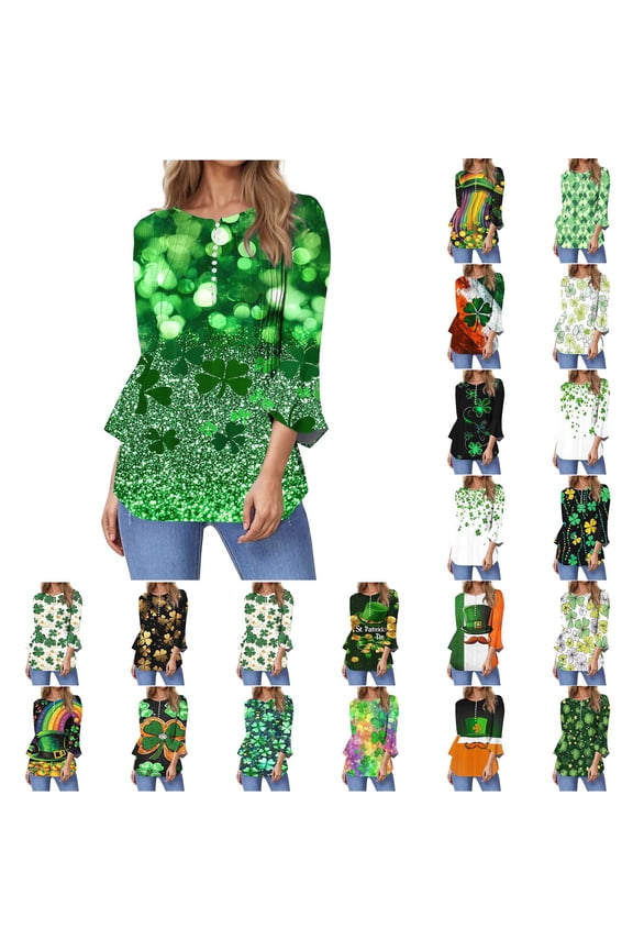 Back to College Sales BiZtdJrK St Patricks Day Shirts for Women Green Shamrock 3/4 Sleeve Irish Shirt Casual Button Henley Neck Pleated Tunic Tops Green XXL