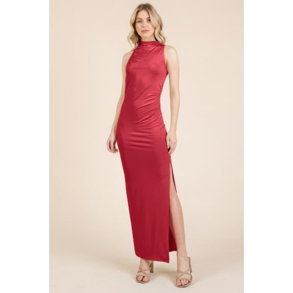 Back Cut Out Side Shirring Side Slit Maxi Dress