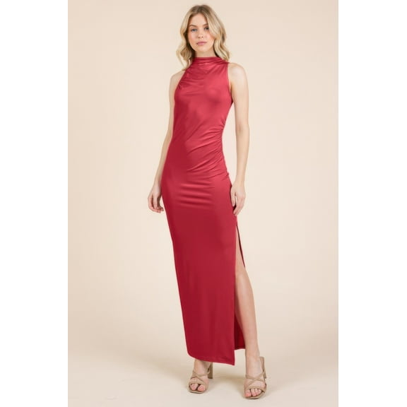 Back Cut Out Side Shirring Side Slit Maxi Dress