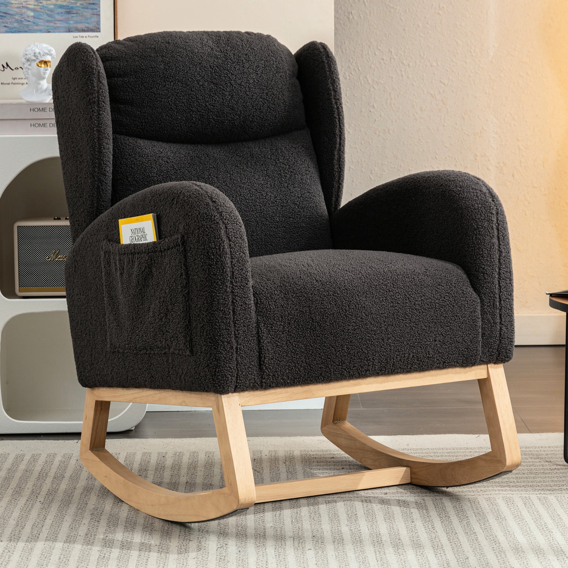 Back Dark Gray Fabric Rocking Chair With Wooden Components And Fill For Living Ergonomic Room Wood Parts