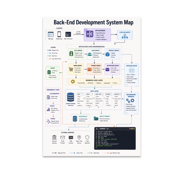 Back-End Development System Map Poster, Back-End Developers, Tech Teams, and Software Graduates, 13x19 Glossy Paper