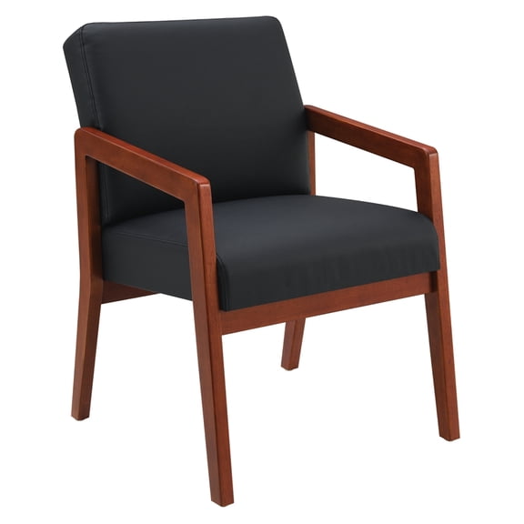 Back Faux Leather in Black with Cherry Finish Visitor s Chair