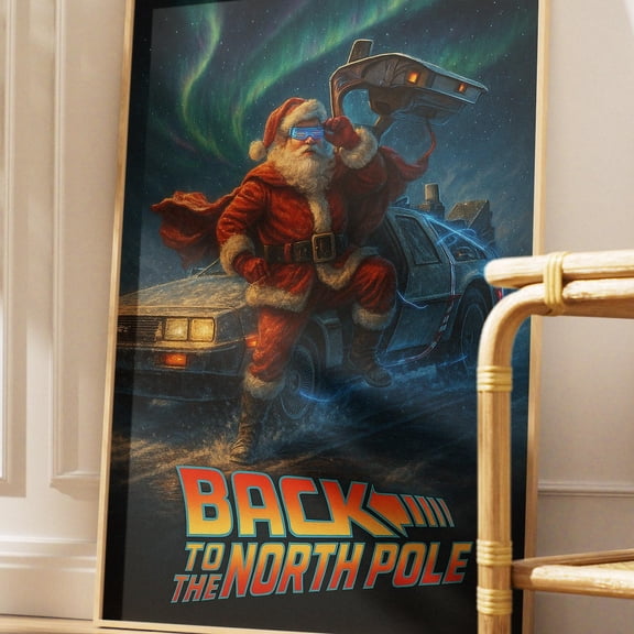 Back To The Future Christmas Wall Art Santa Claus Delorean Time Machine Poster| Retro 80S Holiday Decor | Funny Xmas Gift, Stretched Canvas Size 12x18