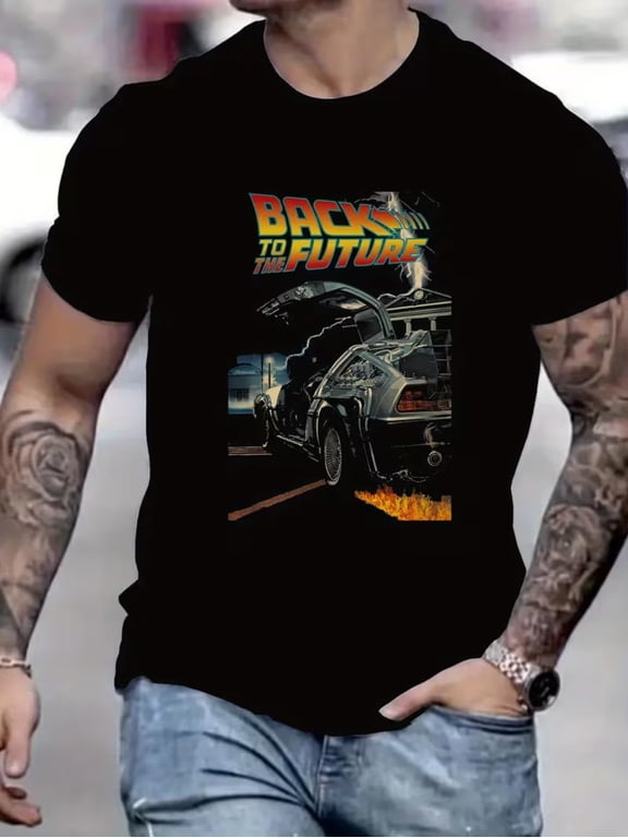 Back to the Future Men's T-Shirt with DeLorean Graphic | Bold Text and Flame Effect Design, Crew Neck, Suitable for All Seasons, Micro-Stretch Fabric, Graphic Print, The Perfect Choice for Movie Fans