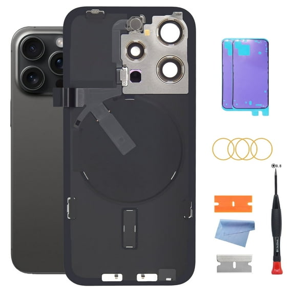 Back Glass Replacement for 15 Pro max with Plate & Flex Cable -  Back Glass Replacement for 15 Pro max 6.7 Inch with Repairing Tool Kits(Black Titanium)