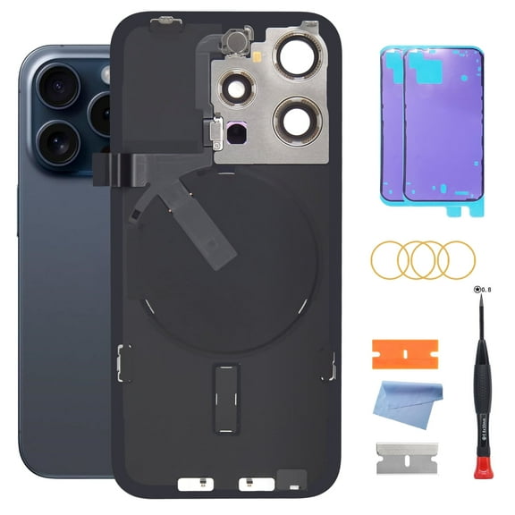 Back Glass Replacement for 15 Pro max with Plate & Flex Cable - Back Glass Replacement for 15 Pro max 6.7 Inch with Repairing Tool Kits(Blue Titanium)
